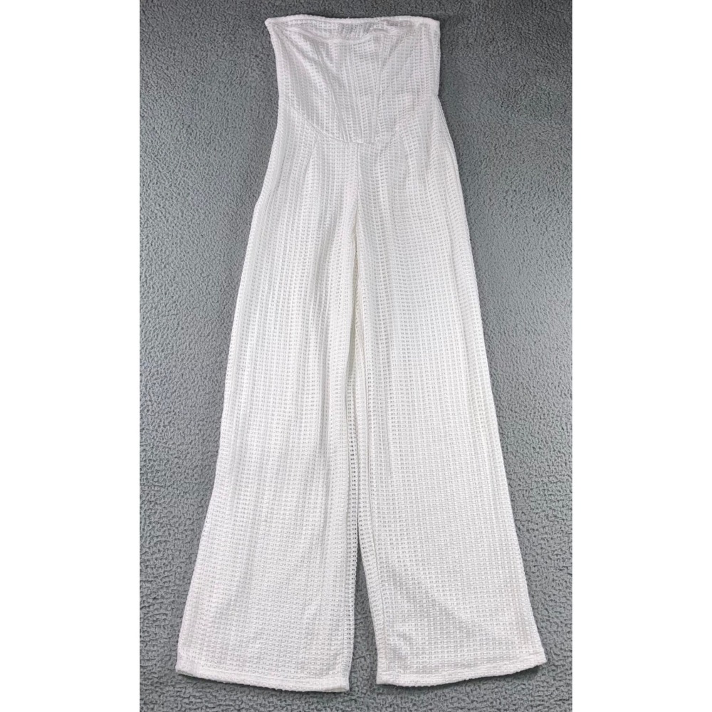 Strapless Jumpsuit‎ Romper Women 4 White Textured Waffle Knit Corset Wide Leg